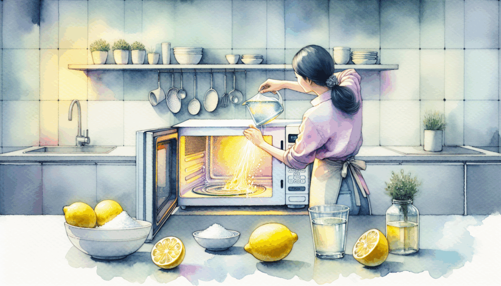 A vibrant scene of a Korean woman effortlessly cleaning a microwave with a mixture of vinegar and water, surrounded by a few lemons and a bowl of baking soda. The background is a modern kitchen with a clean and minimalist aesthetic. The overall mood is one of satisfaction and cleanliness, emphasizing the ease and effectiveness of the cleaning process. High contrast colors and a symbolic depiction of a sparkling clean microwave.