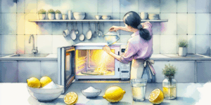 A vibrant scene of a Korean woman effortlessly cleaning a microwave with a mixture of vinegar and water, surrounded by a few lemons and a bowl of baking soda. The background is a modern kitchen with a clean and minimalist aesthetic. The overall mood is one of satisfaction and cleanliness, emphasizing the ease and effectiveness of the cleaning process. High contrast colors and a symbolic depiction of a sparkling clean microwave.