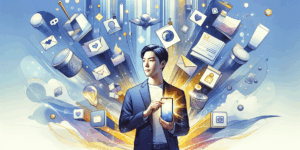 A vibrant, high-contrast illustration of a Korean person confidently holding a Samsung Galaxy phone, surrounded by floating icons of photos, videos, and apps being neatly organized and cleared away. The background features a minimalist blue gradient with sharp golden accents, symbolizing efficiency and clarity. The overall mood is energetic and hopeful, emphasizing a fresh start and smooth performance.