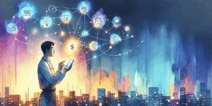 A vibrant, high-contrast illustration of a Korean person holding a smartphone with glowing icons representing health insurance and refunds. The background features a gradient of blue and gold, symbolizing trust and opportunity. Minimalist composition, emotionally charged with a sense of discovery and satisfaction.