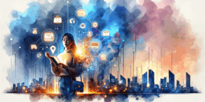 A vibrant, high-contrast illustration of a confident Korean person standing in front of a glowing digital wallet, surrounded by floating icons representing shopping, education, and leisure. The background is a minimalist cityscape in vivid blue and gold, symbolizing opportunity and support for young workers. Emotion: hope and empowerment.