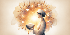 A vibrant, high-contrast image of a Korean person holding a bowl of oats, surrounded by glowing icons symbolizing health, heart, and energy. The background is a warm golden color with subtle oat grains floating in the air, emphasizing vitality and wellness. Minimalist composition, strong visual impact, and a sense of hope and nourishment.