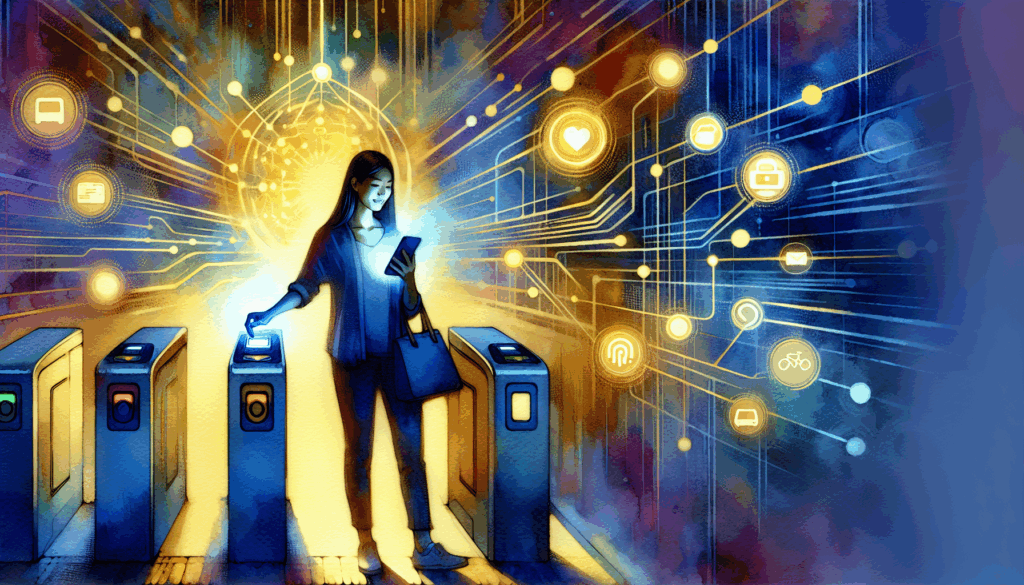 A vibrant, high-contrast illustration of a Korean person confidently tapping their smartphone on a subway turnstile, surrounded by glowing digital icons of transportation cards and payment symbols. The background features a dynamic blend of vivid blue and gold, symbolizing seamless connectivity and modern convenience. Minimalist composition, strong emotional focus on ease and satisfaction.