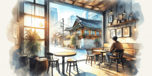 A vibrant, high-contrast illustration of a Korean person sitting at a cozy café table by a large window, sunlight streaming in, surrounded by warm-toned wooden furniture and lush green plants. The background features a charming Seoul neighborhood street with traditional Korean roofs and modern buildings, evoking a sense of peace and inspiration. Minimalist composition, vibrant colors, and symbolic elements of coffee and relaxation.