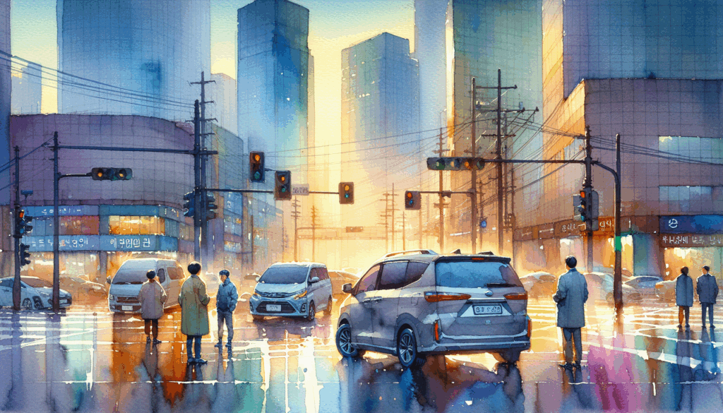 A vibrant, high-contrast illustration of two modern Korean cars—a sleek sedan and a spacious minivan—parked side by side on a glowing crossroads. The background fades into a gradient of blue and gold, symbolizing opportunity and change. Korean people stand nearby, looking at the vehicles with curiosity and determination. The scene is minimalist, focusing on the cars and the emotional tension of decision-making.