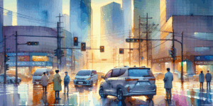 A vibrant, high-contrast illustration of two modern Korean cars—a sleek sedan and a spacious minivan—parked side by side on a glowing crossroads. The background fades into a gradient of blue and gold, symbolizing opportunity and change. Korean people stand nearby, looking at the vehicles with curiosity and determination. The scene is minimalist, focusing on the cars and the emotional tension of decision-making.