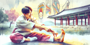 A vibrant illustration of a Korean person stretching their foot, with a subtle background of a foot anatomy diagram. The person is smiling, indicating relief from pain. Use high contrast colors to emphasize the stretching movement. Focus on the foot and ankle area. Include a subtle, slightly blurred background of a light-toned, neutral-colored room or a park, creating a sense of calm and well-being. The illustration should convey a feeling of simple, effective stretching techniques.