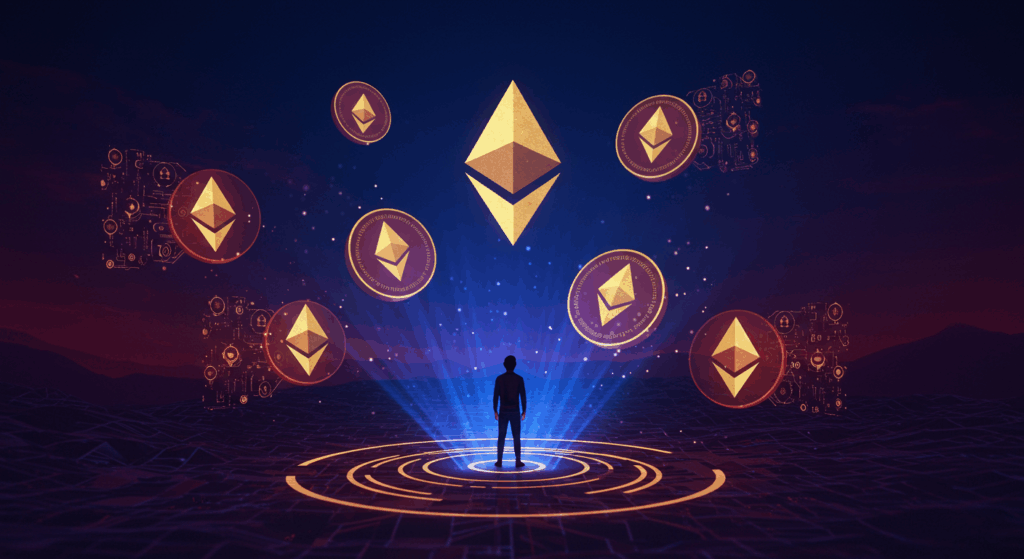 A vibrant, high-contrast illustration of a Korean person standing confidently at the center of a glowing digital landscape, surrounded by floating Ethereum symbols and abstract blockchain elements. Deep blue to bright gold background, emotionally charged with ambition