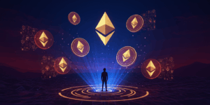 A vibrant, high-contrast illustration of a Korean person standing confidently at the center of a glowing digital landscape, surrounded by floating Ethereum symbols and abstract blockchain elements. Deep blue to bright gold background, emotionally charged with ambition