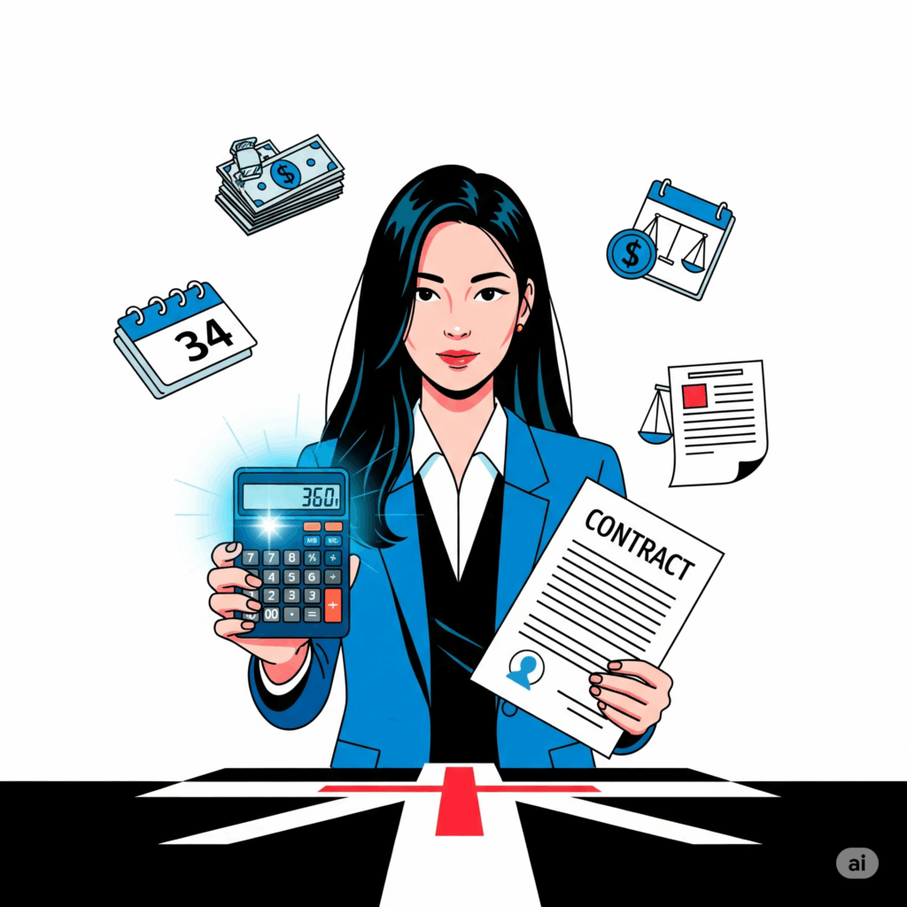 A vibrant, high-contrast illustration of a Korean person standing at a crossroads, holding a glowing calculator and a contract. The background features floating icons of money, calendar, and legal documents. The scene is minimalist, with bold colors and sharp lines, evoking clarity, hope, and determination.프리랜서 퇴직금 계산A vibrant, high-contrast illustration of a Korean person standing at a crossroads, holding a glowing calculator and a contract. The background features floating icons of money, calendar, and legal documents. The scene is minimalist, with bold colors and sharp lines, evoking clarity, hope, and determination.