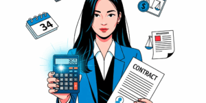 A vibrant, high-contrast illustration of a Korean person standing at a crossroads, holding a glowing calculator and a contract. The background features floating icons of money, calendar, and legal documents. The scene is minimalist, with bold colors and sharp lines, evoking clarity, hope, and determination.프리랜서 퇴직금 계산A vibrant, high-contrast illustration of a Korean person standing at a crossroads, holding a glowing calculator and a contract. The background features floating icons of money, calendar, and legal documents. The scene is minimalist, with bold colors and sharp lines, evoking clarity, hope, and determination.