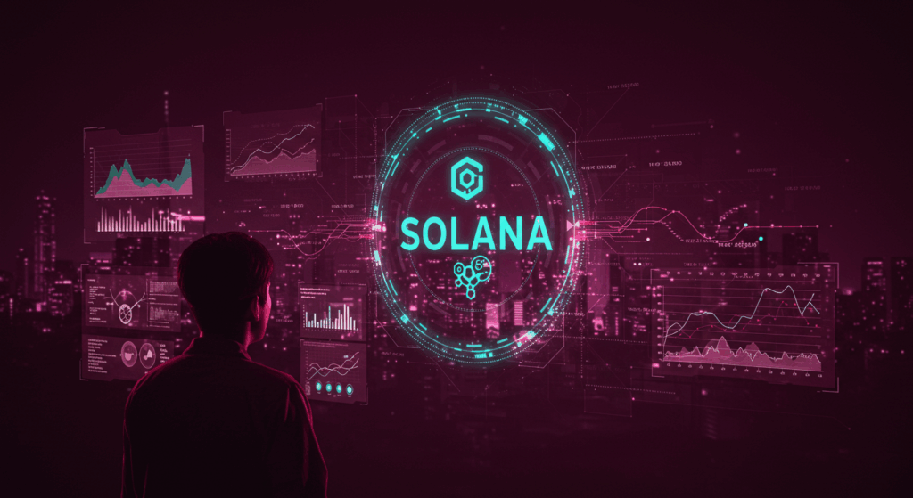 A Korean person looking at a holographic Solana blockchain visualization interface, futuristic cityscape background, vibrant purple and teal colors, dynamic data flows, high-tech aesthetic