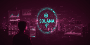 A Korean person looking at a holographic Solana blockchain visualization interface, futuristic cityscape background, vibrant purple and teal colors, dynamic data flows, high-tech aesthetic