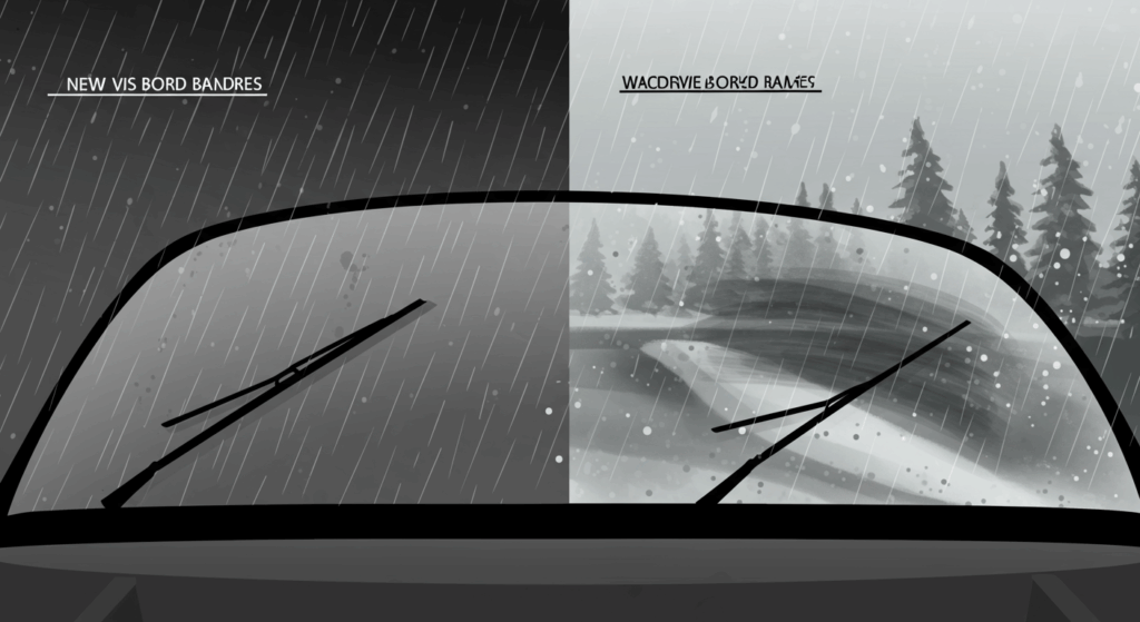 Korean seasonal weather conditions showing rain and snow affecting car windshield visibility, with new vs worn wiper blades comparison, bright informative demonstration
