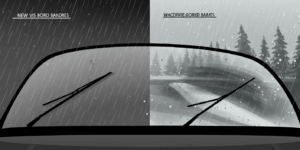 Korean seasonal weather conditions showing rain and snow affecting car windshield visibility, with new vs worn wiper blades comparison, bright informative demonstration