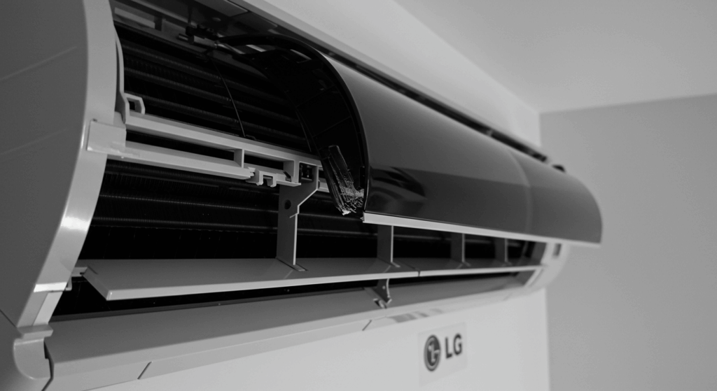 Close-up shot of modern air conditioner louver at slight angle not moving properly, with faint LG and Samsung logos in background, clean residential interior setting with subtle concerned highlight on broken part