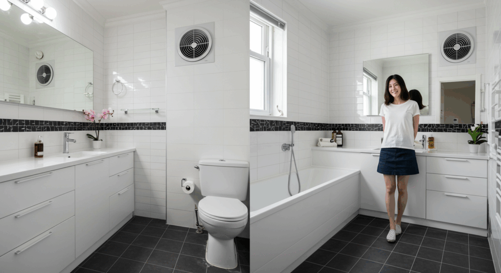 Before and after comparison of bathroom with and without exhaust fan, showing reduction in moisture and mold, bright clean bathroom environment, happy Korean homeowner