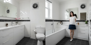 Before and after comparison of bathroom with and without exhaust fan, showing reduction in moisture and mold, bright clean bathroom environment, happy Korean homeowner