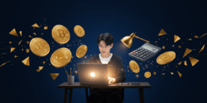 A vibrant, high-contrast scene of a Korean person sitting at a desk with a glowing laptop, surrounded by floating crypto coin icons and a calculator. The background is deep blue with sharp golden elements representing opportunity. The person is focused and determined, emotionally charged lighting