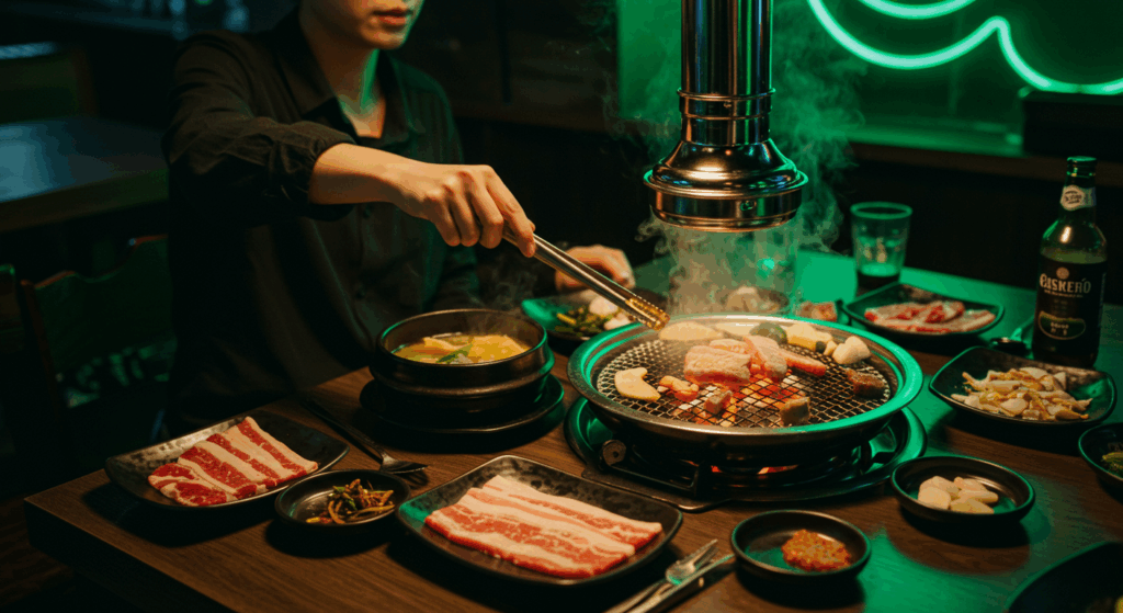 Korean person enjoying traditional barbecue and shabu-shabu at a restaurant with sizzling meat on grill plates and steaming pots, warm lighting, vibrant atmosphere, abundance of food, high contrast, symbolic elements of Korean dining culture
