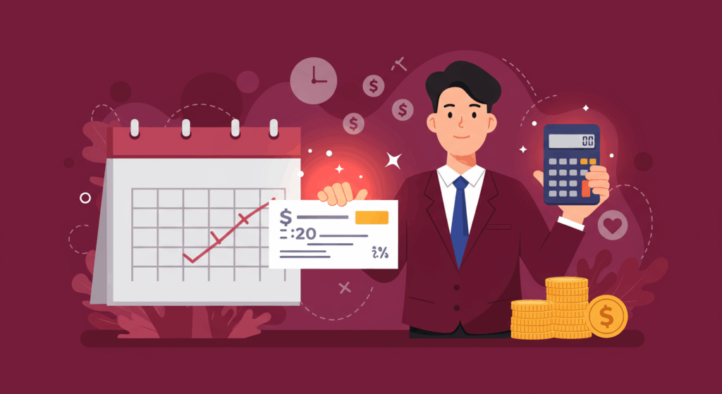 Vibrant illustration of a confident Korean professional holding a glowing paycheck and calculator, standing in front of a calendar with highlighted dates. Minimalist money and time icons in background. Warm color palette conveying determination.