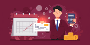 Vibrant illustration of a confident Korean professional holding a glowing paycheck and calculator, standing in front of a calendar with highlighted dates. Minimalist money and time icons in background. Warm color palette conveying determination.