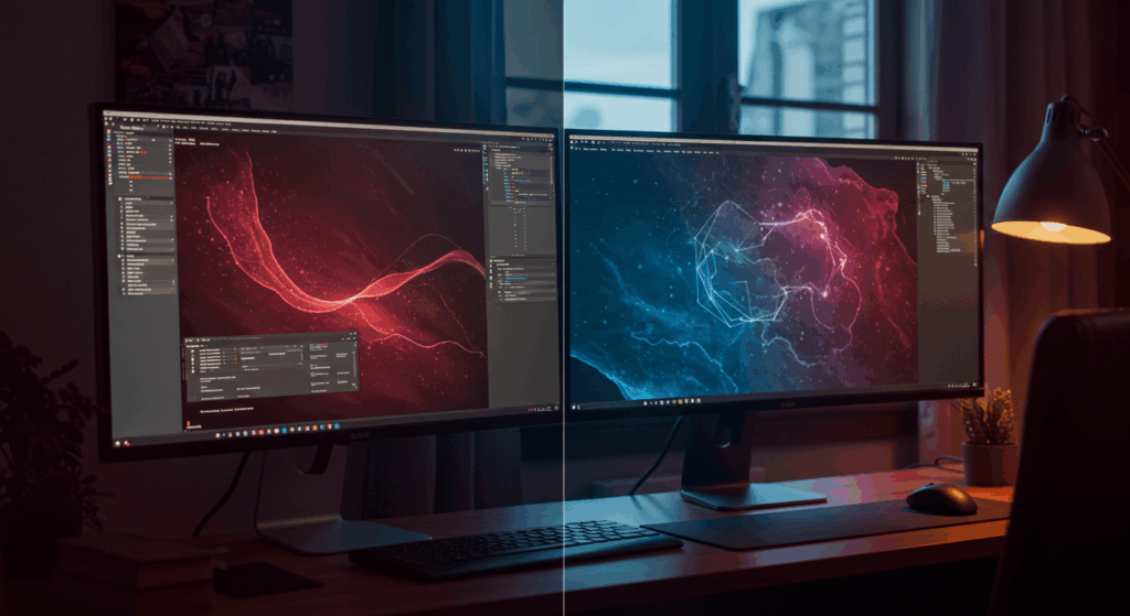 Side-by-side comparison of single monitor vs dual monitor workspace, showing improved workflow with reference materials on one screen and active work on the other, bright blue color scheme, productivity visualization