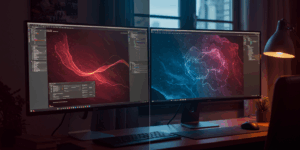 Side-by-side comparison of single monitor vs dual monitor workspace, showing improved workflow with reference materials on one screen and active work on the other, bright blue color scheme, productivity visualization