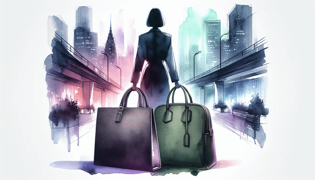 A vibrant, high-contrast illustration of a Korean person standing confidently with two stylish bags—one in a minimalist black design and the other in a bold olive green—placed side by side on a sleek urban background. The scene emphasizes the choice between two iconic bags, using vivid colors and symbolic composition to evoke curiosity and decision-making. Minimalist, modern, and emotionally engaging.