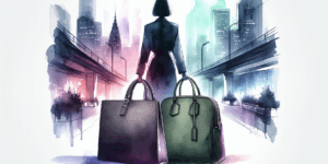 A vibrant, high-contrast illustration of a Korean person standing confidently with two stylish bags—one in a minimalist black design and the other in a bold olive green—placed side by side on a sleek urban background. The scene emphasizes the choice between two iconic bags, using vivid colors and symbolic composition to evoke curiosity and decision-making. Minimalist, modern, and emotionally engaging.