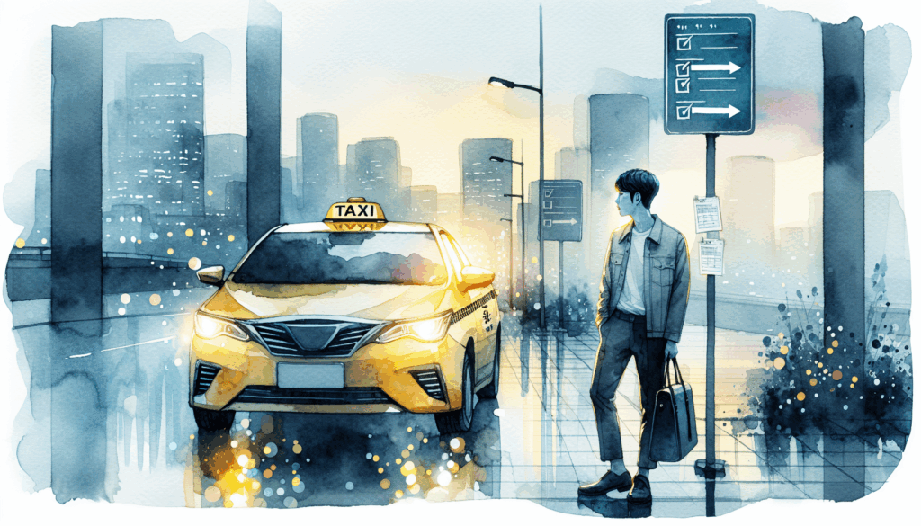 A vibrant, high-contrast illustration of a Korean person standing confidently in front of a yellow taxi, with glowing road signs and checklists floating in the background. The scene is set in a minimalist urban environment, emphasizing determination and readiness for a new journey. No text, only symbolic elements hinting at preparation and success.