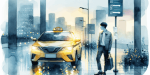 A vibrant, high-contrast illustration of a Korean person standing confidently in front of a yellow taxi, with glowing road signs and checklists floating in the background. The scene is set in a minimalist urban environment, emphasizing determination and readiness for a new journey. No text, only symbolic elements hinting at preparation and success.