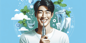 A vibrant, high-contrast illustration of a Korean person smiling confidently while holding a sleek oral irrigator, with clean water droplets sparkling around their mouth. The background features symbolic icons of dental care and fresh mint leaves, emphasizing hygiene and freshness. Minimalist composition, strong color contrast, emotionally uplifting.
