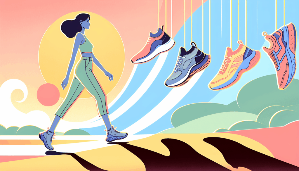 A vibrant, minimalist illustration of a Korean woman confidently walking on a sunny day, wearing New Balance Breeze sneakers. The background features soft pastel tones with subtle sneaker icons floating around. High contrast between the sneakers and the environment, emphasizing comfort and style. The scene radiates happiness and energy, with a focus on the shoes and the person's confident stride. No text, purely symbolic and emotional.