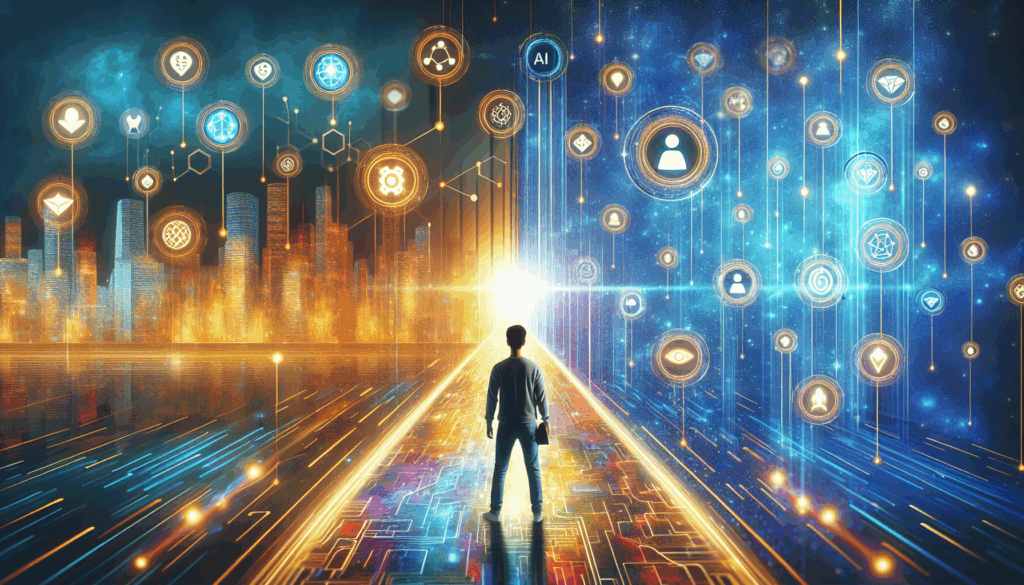 A vibrant, high-contrast image of a Korean person standing confidently in front of a glowing digital path, surrounded by floating icons representing DeFi, AI, and blockchain technology. The background features a futuristic cityscape with vivid blue and gold tones, symbolizing opportunity and innovation. Minimalist composition, strong color contrast, and a sense of determination and ambition.