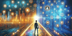 A vibrant, high-contrast image of a Korean person standing confidently in front of a glowing digital path, surrounded by floating icons representing DeFi, AI, and blockchain technology. The background features a futuristic cityscape with vivid blue and gold tones, symbolizing opportunity and innovation. Minimalist composition, strong color contrast, and a sense of determination and ambition.