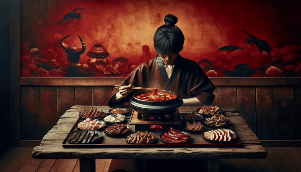 A vibrant and symbolic depiction of a Korean person enjoying a steaming bowl of spicy mushroom shabu-shabu surrounded by an array of grilled meats on a rustic wooden table. The background features warm, inviting colors with high contrast between the rich reds of the broth and the smoky char of the meat, emphasizing warmth, satisfaction, and abundance. Minimalist composition focusing on the food and joyful expression, evoking appetite and comfort.