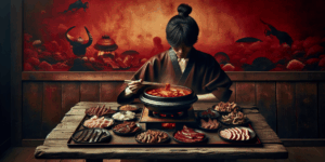 A vibrant and symbolic depiction of a Korean person enjoying a steaming bowl of spicy mushroom shabu-shabu surrounded by an array of grilled meats on a rustic wooden table. The background features warm, inviting colors with high contrast between the rich reds of the broth and the smoky char of the meat, emphasizing warmth, satisfaction, and abundance. Minimalist composition focusing on the food and joyful expression, evoking appetite and comfort.