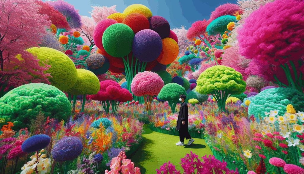A vibrant, high-contrast scene of a Korean person standing in a lush, colorful garden filled with blooming flowers and large, whimsical art installations. The background is a bright spring sky, and the overall mood is joyful and immersive. The composition is minimalist, with strong visual focus on the person and the vibrant floral elements, symbolizing the energy and beauty of the exhibition.