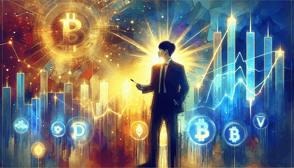 A vibrant, high-contrast illustration of a Korean person standing confidently in front of a glowing digital chart, surrounded by colorful cryptocurrency icons. The background is a dynamic mix of blue and gold, symbolizing opportunity and growth. Minimalist composition, strong visual impact, no text.