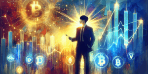 A vibrant, high-contrast illustration of a Korean person standing confidently in front of a glowing digital chart, surrounded by colorful cryptocurrency icons. The background is a dynamic mix of blue and gold, symbolizing opportunity and growth. Minimalist composition, strong visual impact, no text.