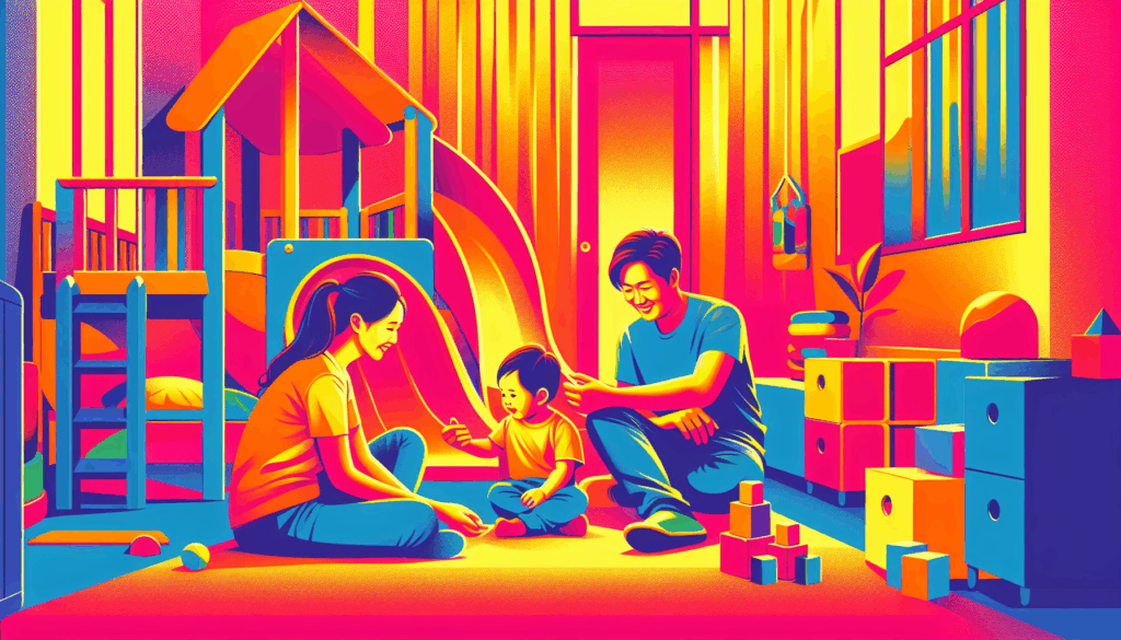 A vibrant, high-contrast illustration of a Korean parent and child playing together inside a bright, colorful kids’ playroom. The background features playful elements like slides, building blocks, and soft cushions, with warm, inviting colors. The focus is on the joyful interaction between parent and child, symbolizing safety, fun, and family bonding. Minimalist composition, no text, emotionally uplifting.
