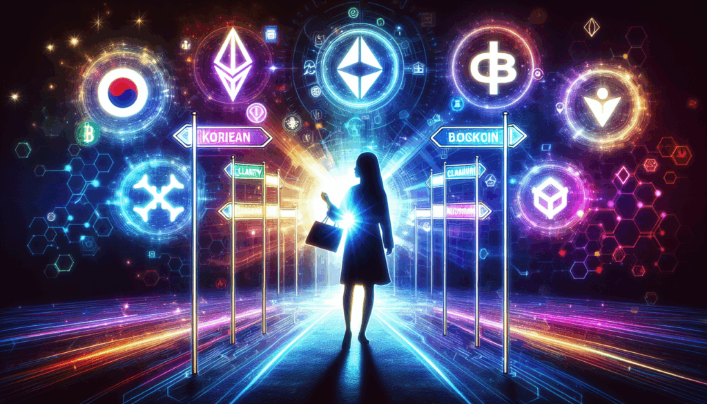 A vibrant, high-contrast depiction of a Korean person confidently standing at a futuristic digital crossroads illuminated by glowing Solana logos and blockchain symbols. The background features dynamic neon colors symbolizing growth and innovation. Emphasizes clarity, ambition, and hope with minimalist composition and symbolic visual storytelling.