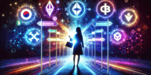 A vibrant, high-contrast depiction of a Korean person confidently standing at a futuristic digital crossroads illuminated by glowing Solana logos and blockchain symbols. The background features dynamic neon colors symbolizing growth and innovation. Emphasizes clarity, ambition, and hope with minimalist composition and symbolic visual storytelling.