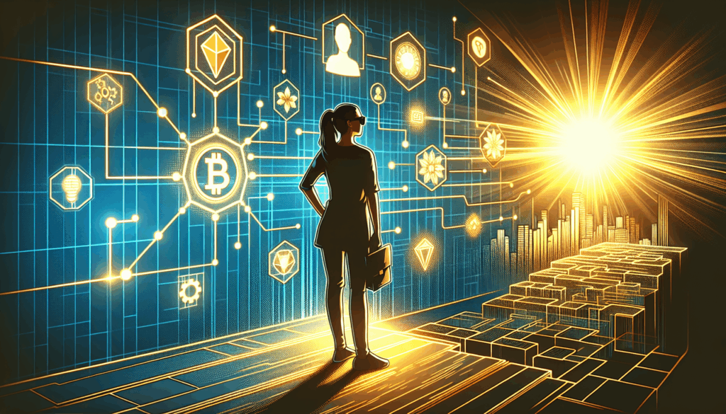 A vibrant, high-contrast illustration of a Korean person standing confidently at a digital crossroads, surrounded by glowing blockchain icons and a futuristic cityscape in the background. The scene is minimalist yet dynamic, with sharp golden and blue tones symbolizing opportunity and clarity. Emotion: determination and hope.