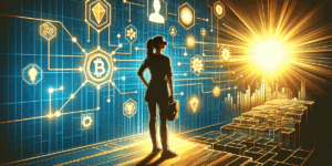 A vibrant, high-contrast illustration of a Korean person standing confidently at a digital crossroads, surrounded by glowing blockchain icons and a futuristic cityscape in the background. The scene is minimalist yet dynamic, with sharp golden and blue tones symbolizing opportunity and clarity. Emotion: determination and hope.