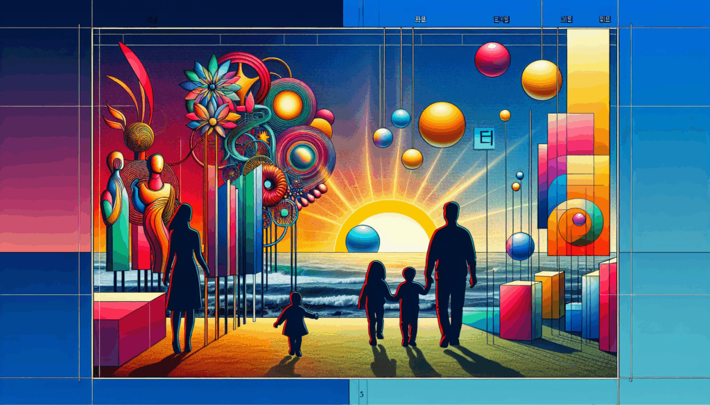 A vibrant, high-contrast illustration of a Korean family walking through a colorful art park filled with giant sculptures and glowing lights. The background features a sunset over the sea, with symbolic elements hinting at adventure and discovery. Minimalist composition, emotionally engaging, and visually striking.