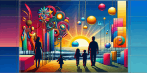 A vibrant, high-contrast illustration of a Korean family walking through a colorful art park filled with giant sculptures and glowing lights. The background features a sunset over the sea, with symbolic elements hinting at adventure and discovery. Minimalist composition, emotionally engaging, and visually striking.