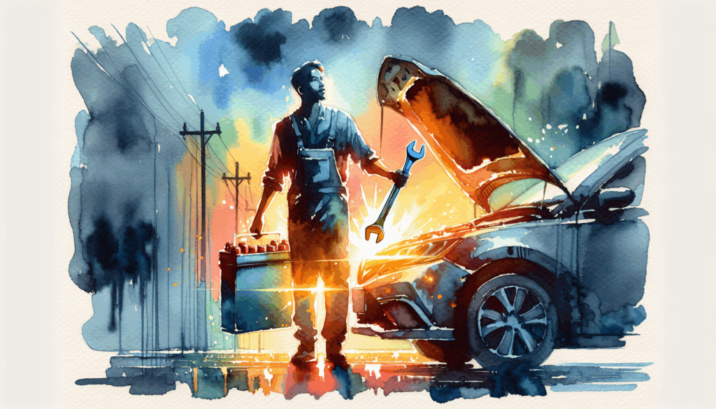 A vibrant and symbolic illustration of a Korean person standing beside a car with a glowing battery, set against a high-contrast background of blue and orange hues. The car’s hood is open, revealing the battery, while the person holds a wrench with a determined and hopeful expression. Minimalist composition, strong color contrast, and a sense of empowerment and preparedness.