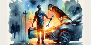 A vibrant and symbolic illustration of a Korean person standing beside a car with a glowing battery, set against a high-contrast background of blue and orange hues. The car’s hood is open, revealing the battery, while the person holds a wrench with a determined and hopeful expression. Minimalist composition, strong color contrast, and a sense of empowerment and preparedness.